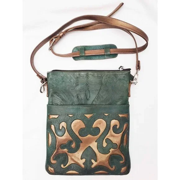 Leaders in Leather Skinny Crossbody Shoulder Bag Tote Cutout Tooled Leather - Picture 2 of 11